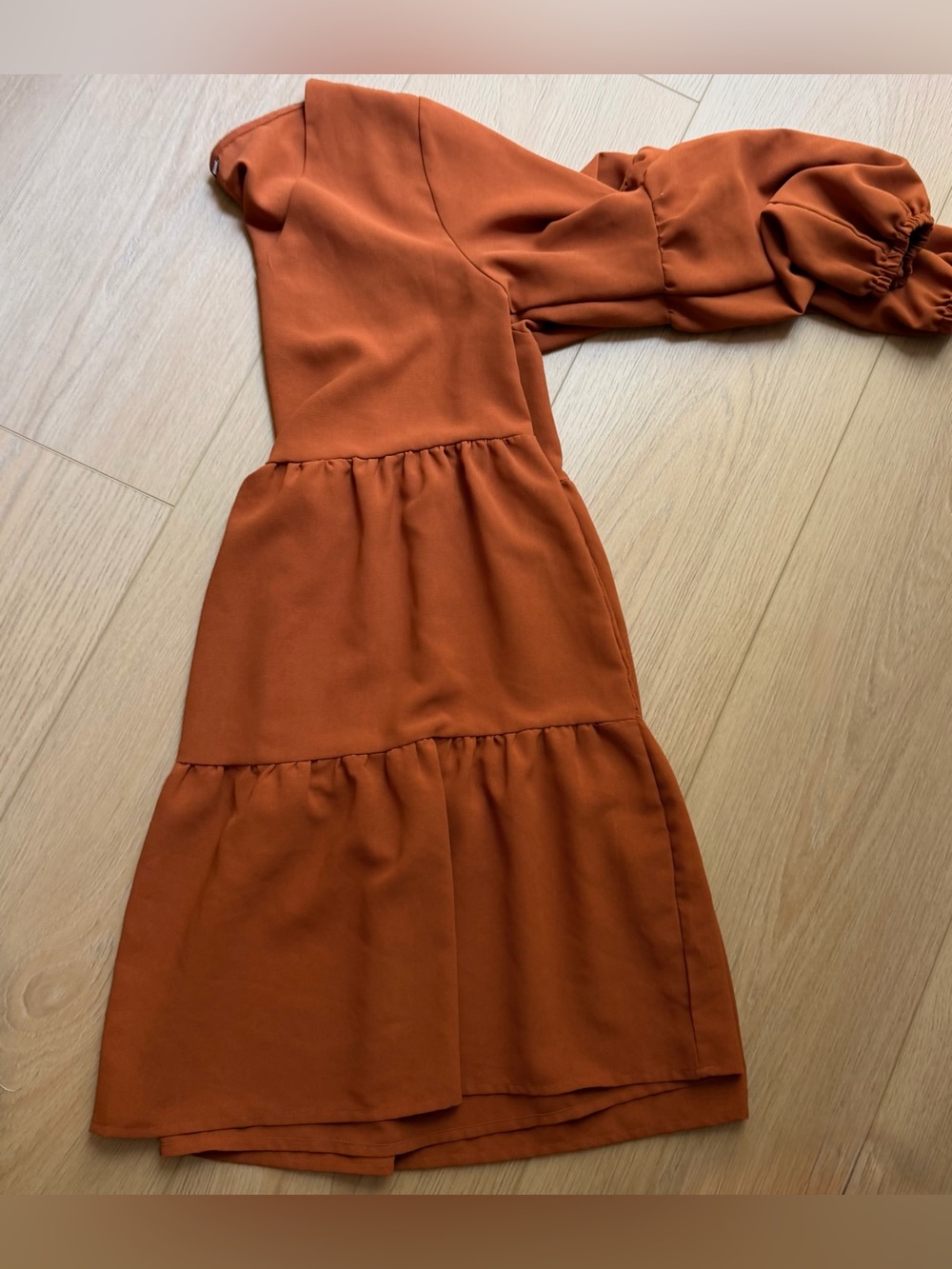 Rust Orange Tiered Puff Sleeve Mini Dress Size Small